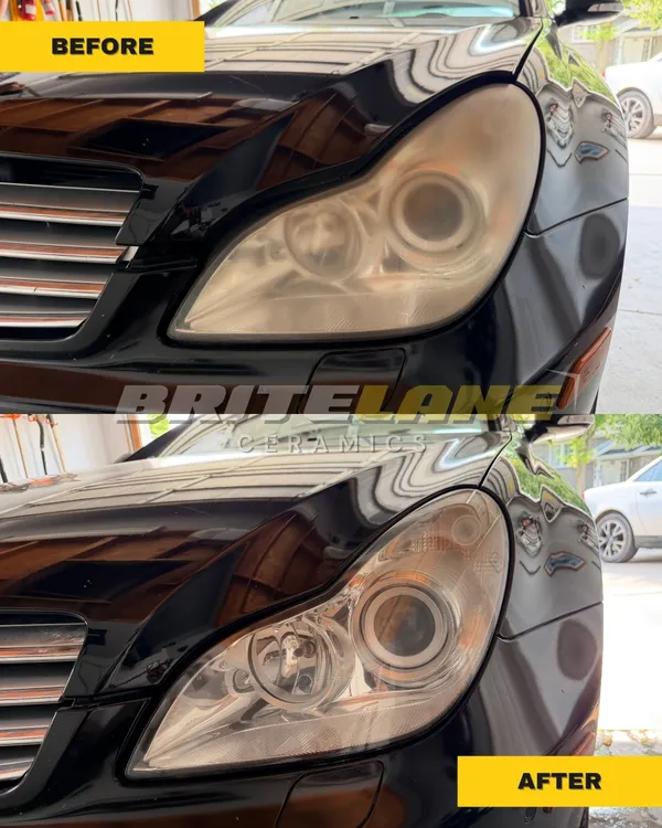 Before and after headlight restoration by BriteLane Ceramics, a yellowed and oxidized lens restored to a clear, ceramic-protected finish.
