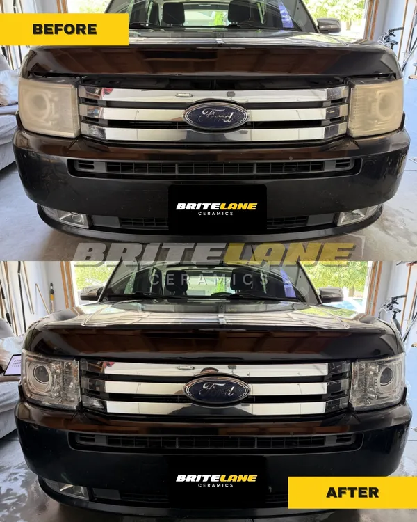 Before and after look at a headlight restoration, a yellowed and oxidized lens restored to a clear, ceramic-protected finish.