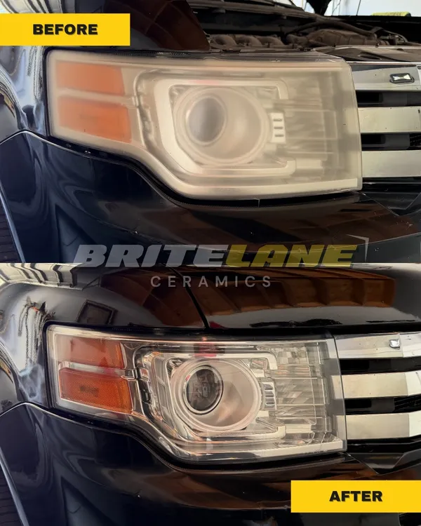 Before and after headlight restoration by BriteLane Ceramics, a cloudy, sun damaged headlight restored to a clear, ceramic-protected finish.