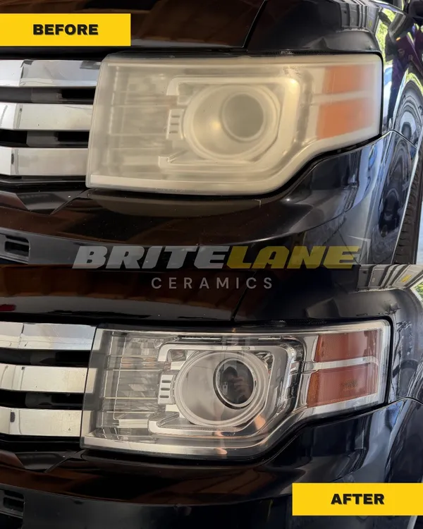 Headlight restoration result from BriteLane Ceramics, a cloudy, sun damaged headlight restored to a clear, ceramic-protected finish.