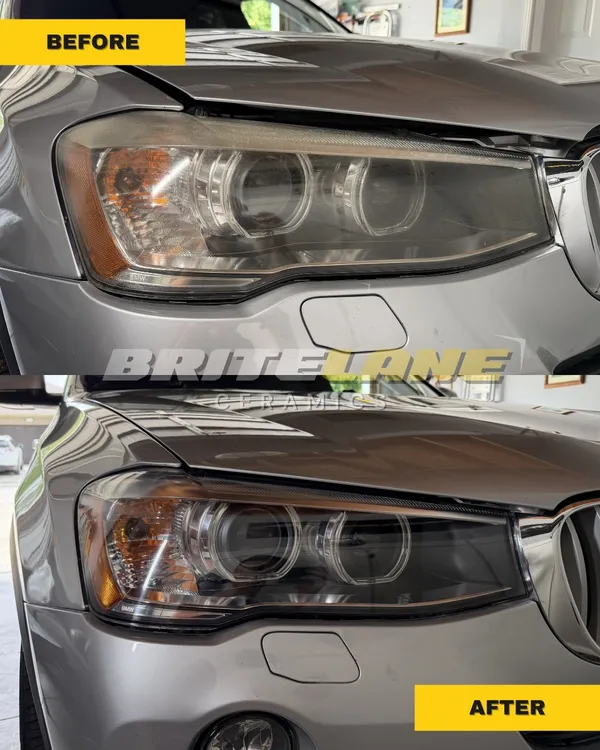 BriteLane Ceramics before and after photo, a cloudy, sun damaged headlight restored to a clear, ceramic-protected finish.