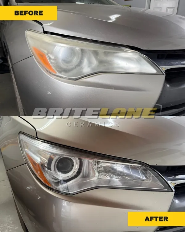 Restored headlight comparison from BriteLane Ceramics, a cloudy, sun damaged headlight restored to a clear, ceramic-protected finish.