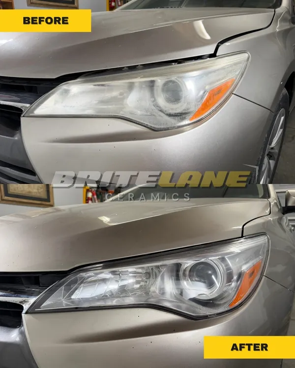 Before and after headlight restoration, a cloudy, sun damaged headlight restored to a clear, ceramic-protected finish.