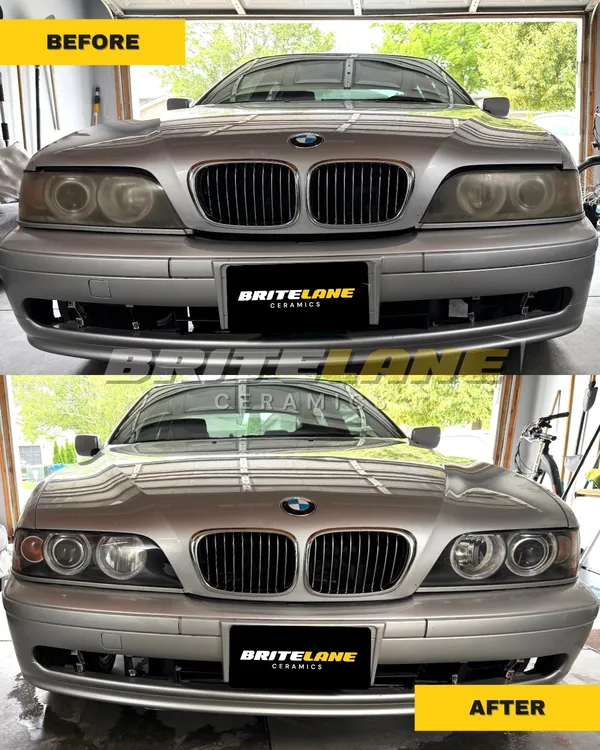 BriteLane Ceramics restoration photo, a cloudy, sun damaged headlight restored to a clear, ceramic-protected finish.