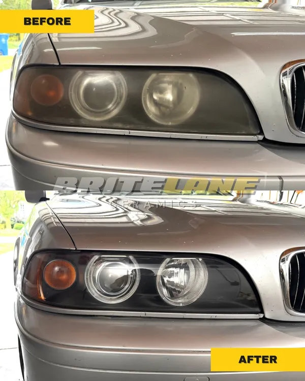 Before and after view of a headlight restoration, a cloudy, sun damaged headlight restored to a clear, ceramic-protected finish.