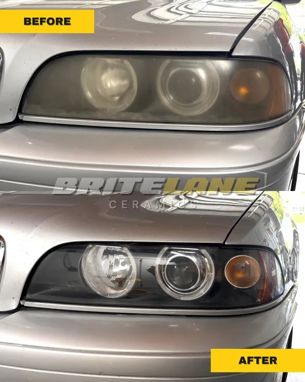 Headlight before and after ceramic restoration, a cloudy, sun damaged headlight restored to a clear, ceramic-protected finish.