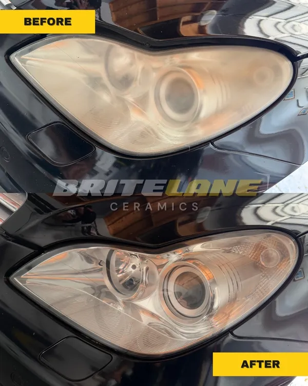 Headlight restoration result from BriteLane Ceramics, a yellowed and oxidized lens restored to a clear, ceramic-protected finish.