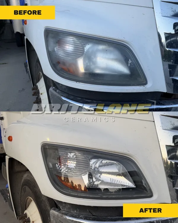 Before and after look at a headlight restoration, a cloudy, sun damaged headlight restored to a clear, ceramic-protected finish.
