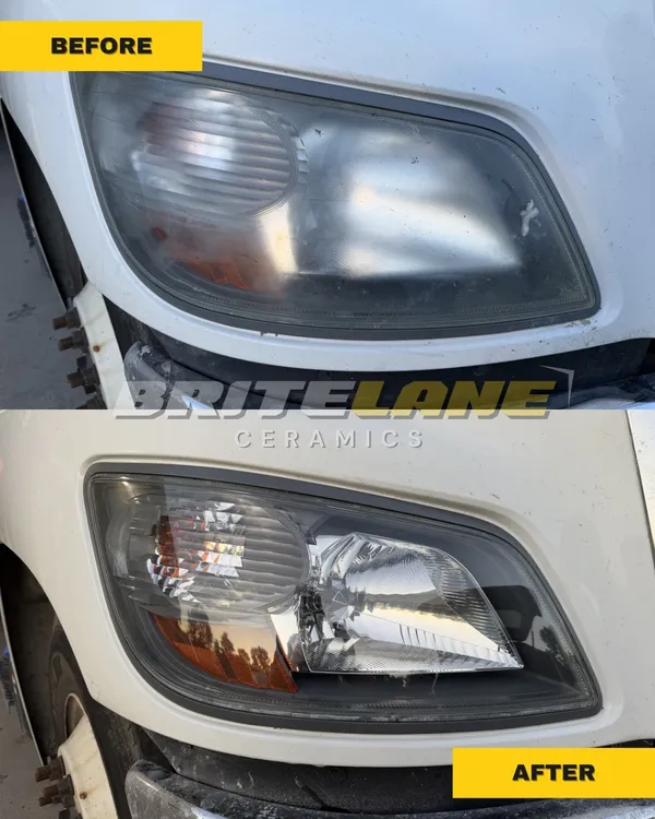 Before and after headlight restoration by BriteLane Ceramics, a foggy, hazy lens restored to a clear, ceramic-protected finish.