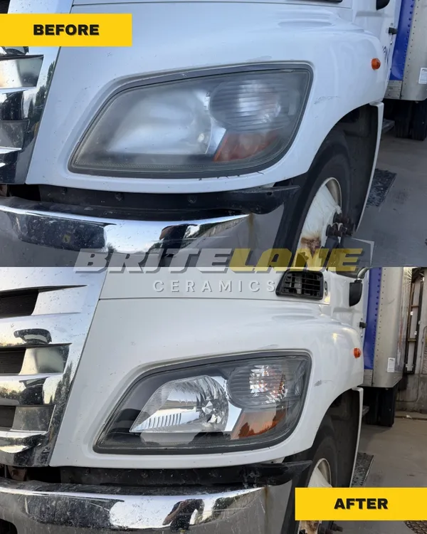 Headlight restoration result from BriteLane Ceramics, a foggy, hazy lens restored to a clear, ceramic-protected finish.