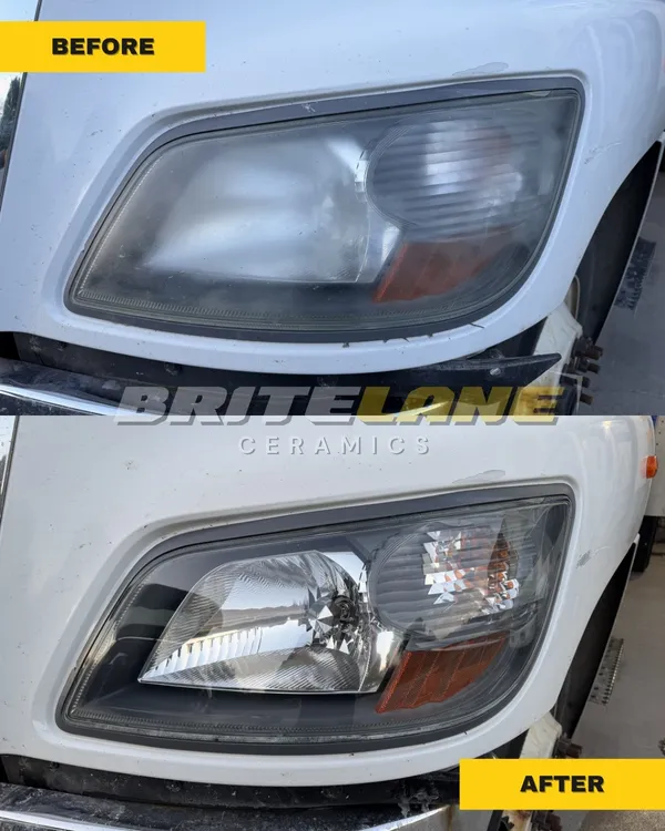 BriteLane Ceramics before and after photo, a foggy, hazy lens restored to a clear, ceramic-protected finish.
