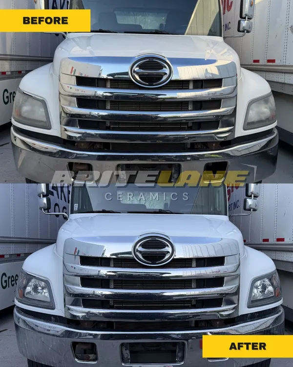 Restored headlight comparison from BriteLane Ceramics, a foggy, hazy lens restored to a clear, ceramic-protected finish.