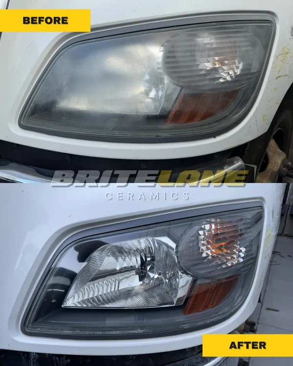 Before and after headlight restoration, a foggy, hazy lens restored to a clear, ceramic-protected finish.