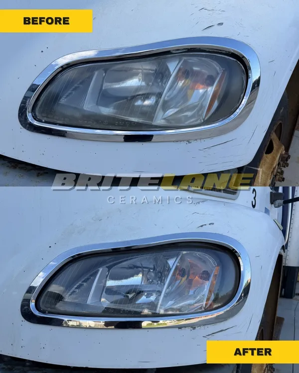 Before and after view of a headlight restoration, a foggy, hazy lens restored to a clear, ceramic-protected finish.