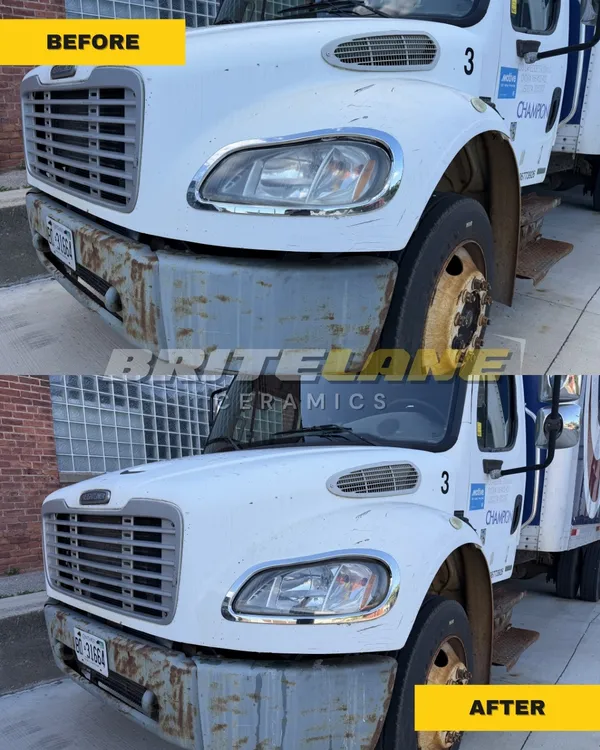 Headlight before and after ceramic restoration, a foggy, hazy lens restored to a clear, ceramic-protected finish.