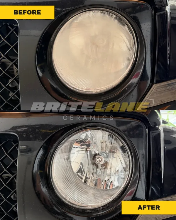 BriteLane Ceramics headlight restoration result, a foggy, hazy lens restored to a clear, ceramic-protected finish.