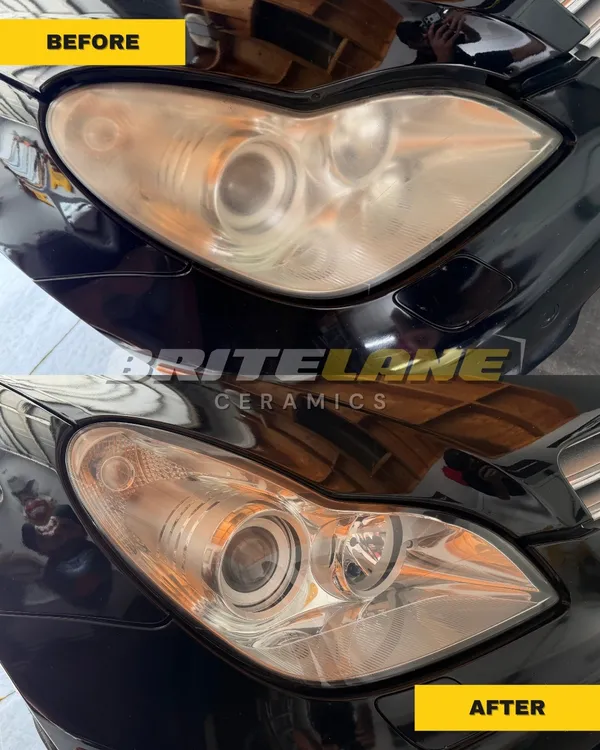 BriteLane Ceramics before and after photo, a yellowed and oxidized lens restored to a clear, ceramic-protected finish.