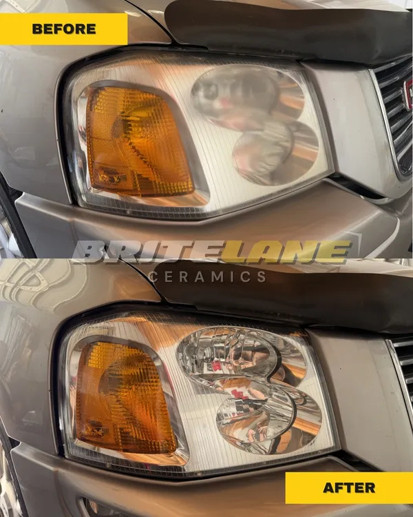 Before and after look at a headlight restoration, a foggy, hazy lens restored to a clear, ceramic-protected finish.