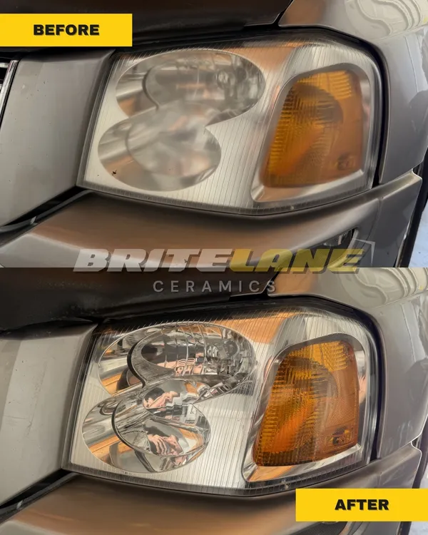 Before and after headlight restoration by BriteLane Ceramics, a dull, yellowed headlight restored to a clear, ceramic-protected finish.