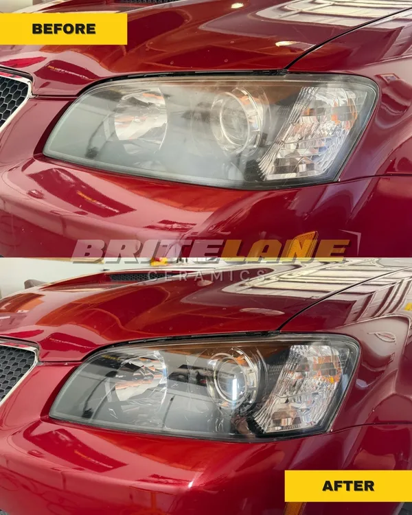 Headlight restoration result from BriteLane Ceramics, a dull, yellowed headlight restored to a clear, ceramic-protected finish.