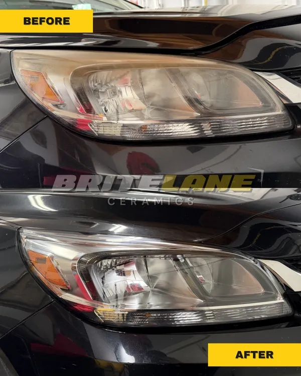 BriteLane Ceramics before and after photo, a dull, yellowed headlight restored to a clear, ceramic-protected finish.
