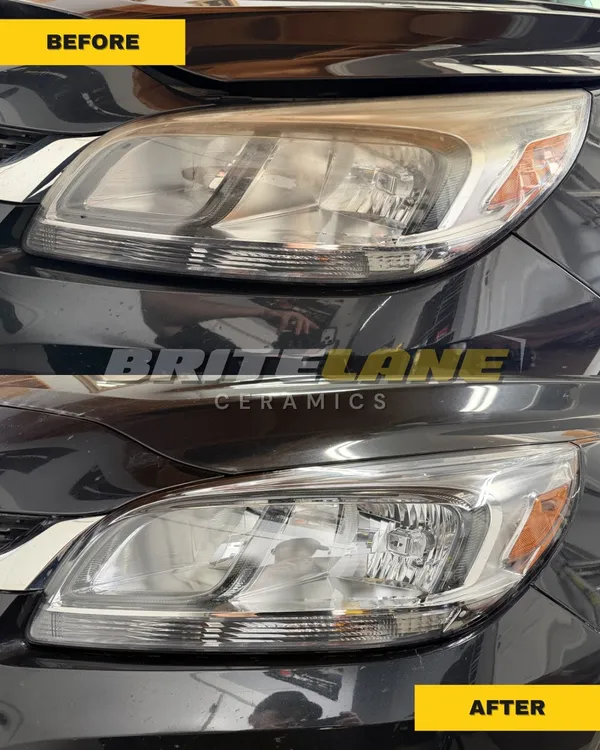 Restored headlight comparison from BriteLane Ceramics, a dull, yellowed headlight restored to a clear, ceramic-protected finish.