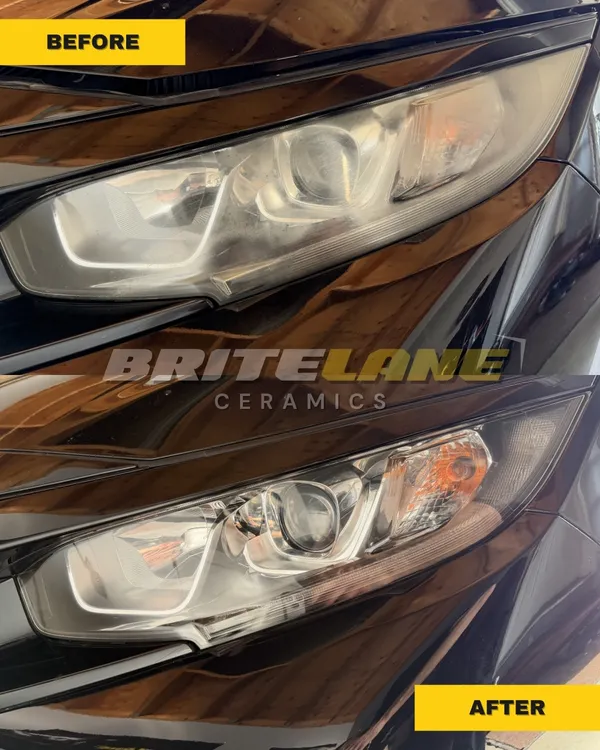 Before and after headlight restoration, a dull, yellowed headlight restored to a clear, ceramic-protected finish.