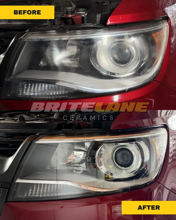 BriteLane Ceramics restoration photo, a dull, yellowed headlight restored to a clear, ceramic-protected finish.