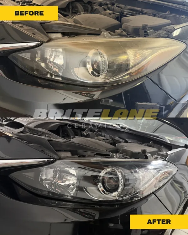 Before and after view of a headlight restoration, a dull, yellowed headlight restored to a clear, ceramic-protected finish.