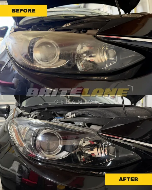 Headlight before and after ceramic restoration, a dull, yellowed headlight restored to a clear, ceramic-protected finish.