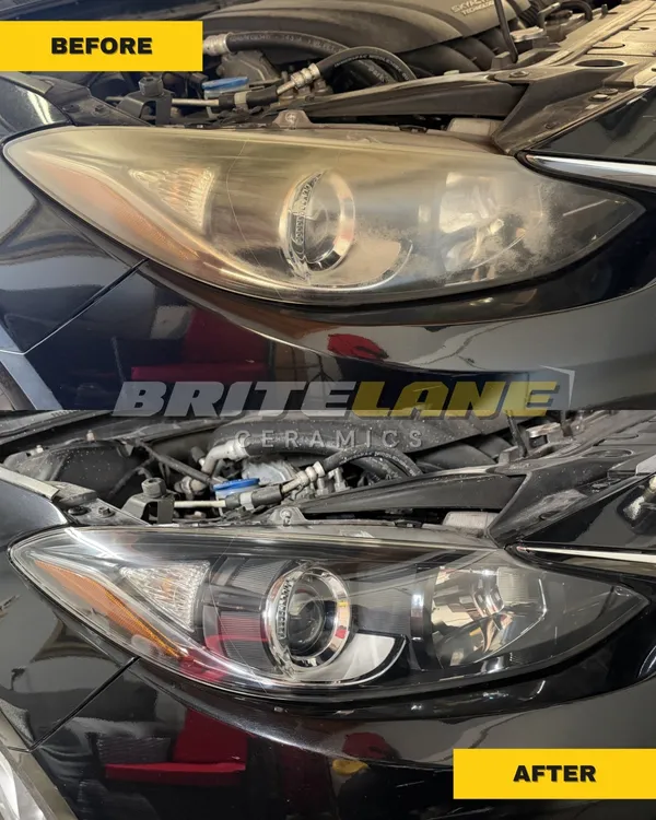 BriteLane Ceramics headlight restoration result, a dull, yellowed headlight restored to a clear, ceramic-protected finish.