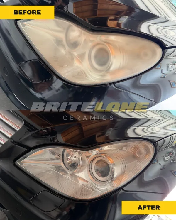 Restored headlight comparison from BriteLane Ceramics, a yellowed and oxidized lens restored to a clear, ceramic-protected finish.