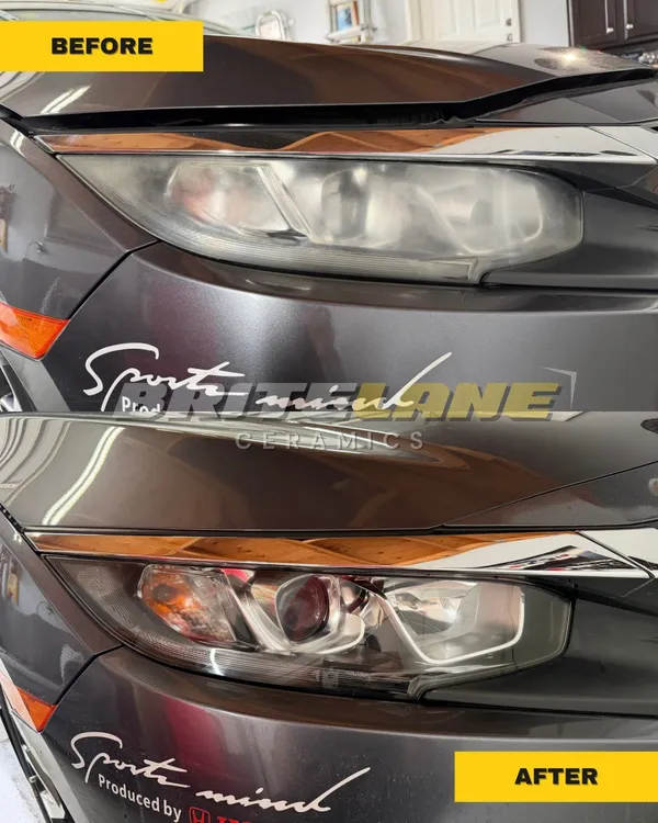 Before and after look at a headlight restoration, a dull, yellowed headlight restored to a clear, ceramic-protected finish.