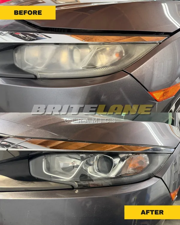 Before and after headlight restoration by BriteLane Ceramics, an oxidized and clouded lens restored to a clear, ceramic-protected finish.