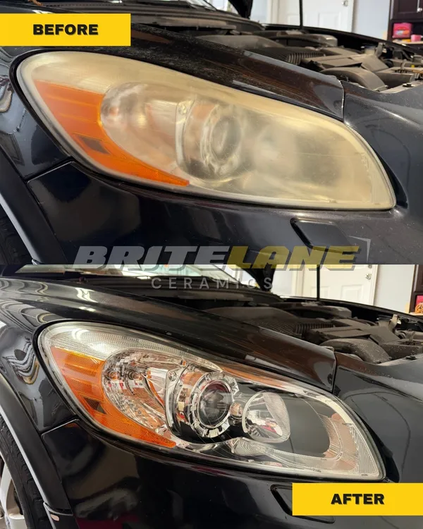 Headlight restoration result from BriteLane Ceramics, an oxidized and clouded lens restored to a clear, ceramic-protected finish.