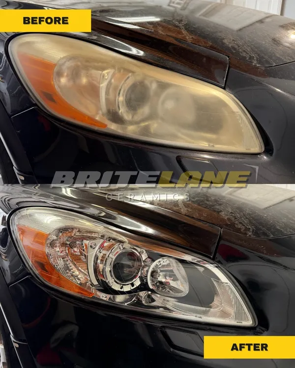 BriteLane Ceramics before and after photo, an oxidized and clouded lens restored to a clear, ceramic-protected finish.