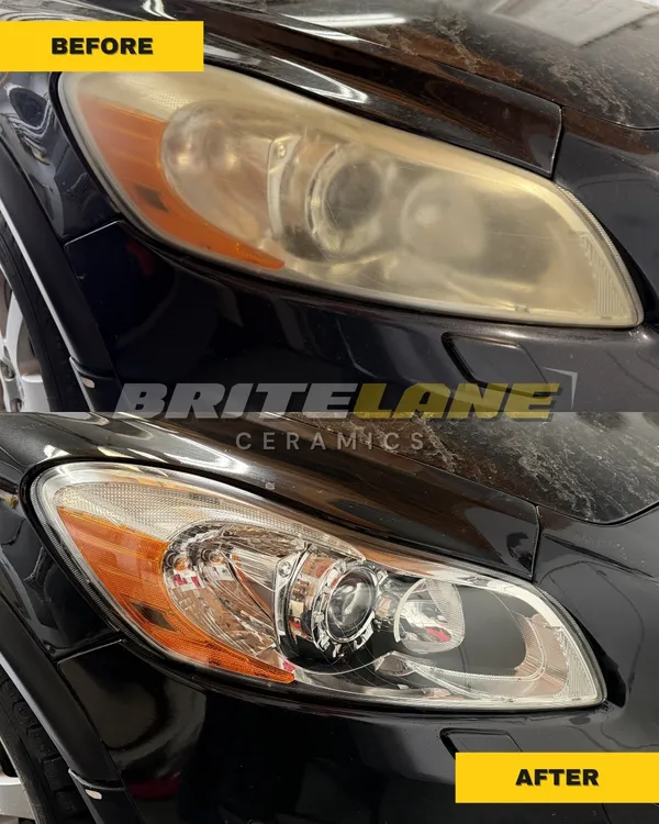 Restored headlight comparison from BriteLane Ceramics, an oxidized and clouded lens restored to a clear, ceramic-protected finish.