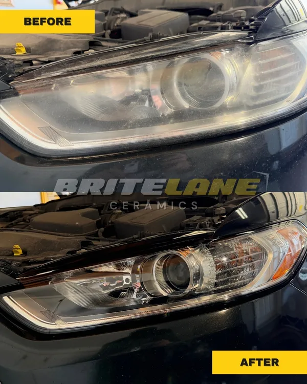 Before and after headlight restoration, an oxidized and clouded lens restored to a clear, ceramic-protected finish.
