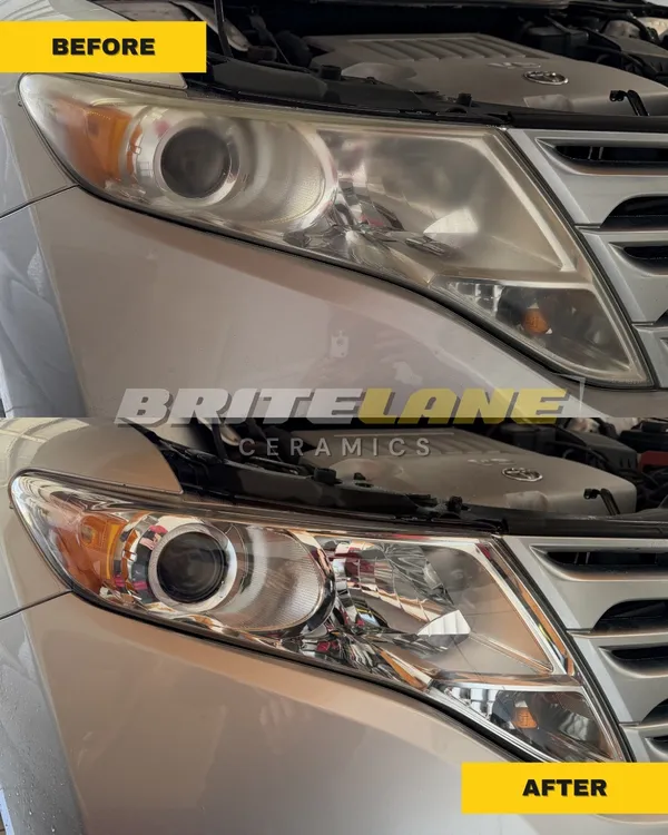 Before and after view of a headlight restoration, an oxidized and clouded lens restored to a clear, ceramic-protected finish.
