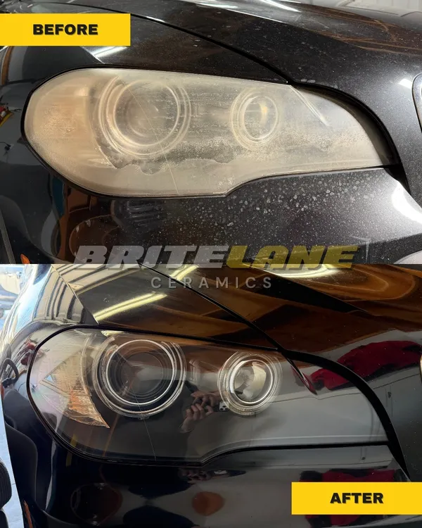 Headlight before and after ceramic restoration, an oxidized and clouded lens restored to a clear, ceramic-protected finish.