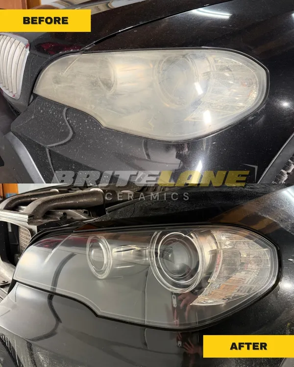 BriteLane Ceramics headlight restoration result, an oxidized and clouded lens restored to a clear, ceramic-protected finish.