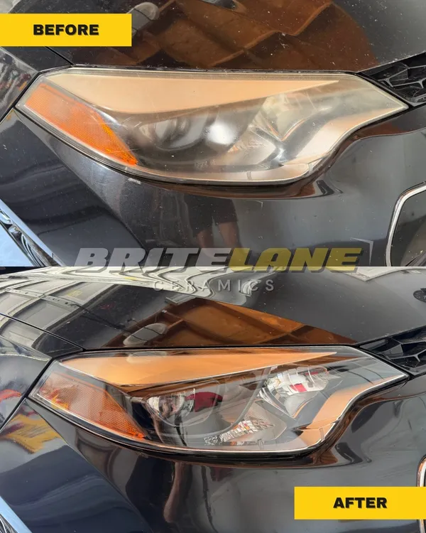 Before and after headlight restoration, a yellowed and oxidized lens restored to a clear, ceramic-protected finish.