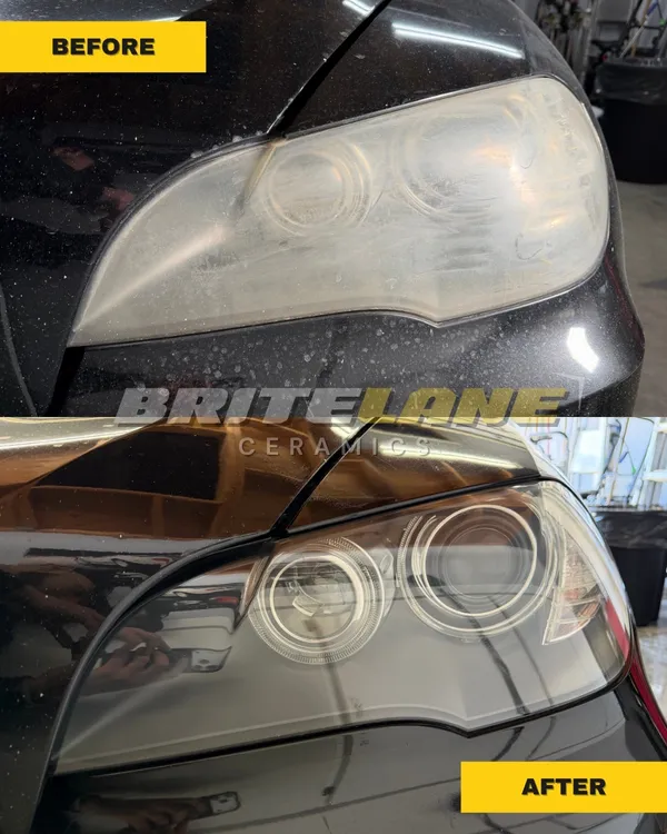 Before and after look at a headlight restoration, an oxidized and clouded lens restored to a clear, ceramic-protected finish.