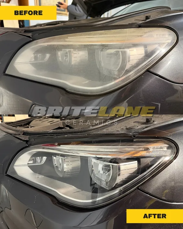 Before and after headlight restoration by BriteLane Ceramics, a sun faded, yellowed headlight restored to a clear, ceramic-protected finish.