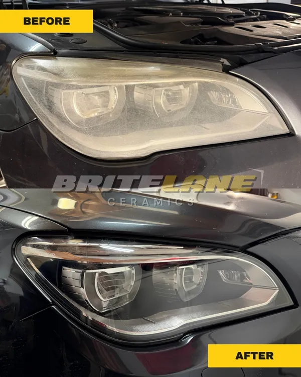 Headlight restoration result from BriteLane Ceramics, a sun faded, yellowed headlight restored to a clear, ceramic-protected finish.
