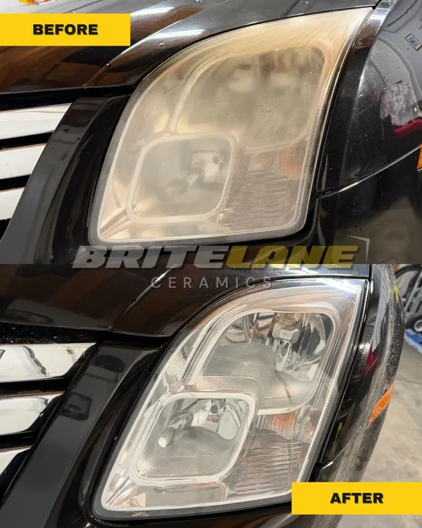 BriteLane Ceramics before and after photo, a sun faded, yellowed headlight restored to a clear, ceramic-protected finish.
