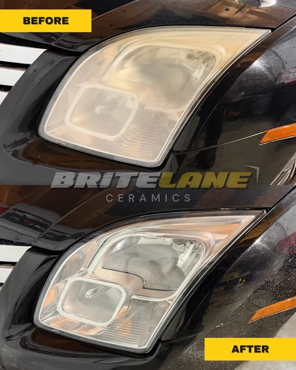 Restored headlight comparison from BriteLane Ceramics, a sun faded, yellowed headlight restored to a clear, ceramic-protected finish.