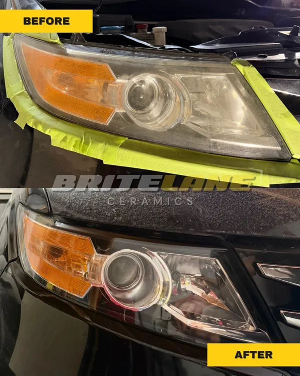 Before and after headlight restoration, a sun faded, yellowed headlight restored to a clear, ceramic-protected finish.