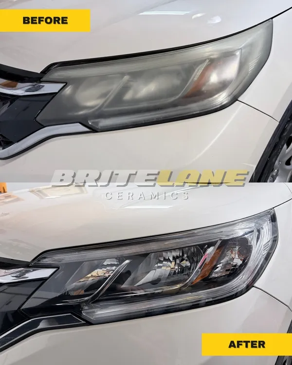 BriteLane Ceramics restoration photo, a sun faded, yellowed headlight restored to a clear, ceramic-protected finish.