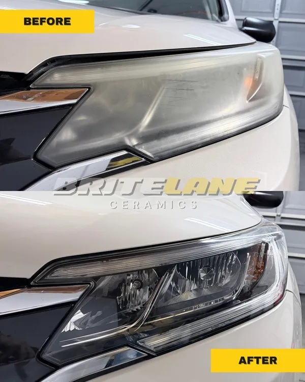 Before and after view of a headlight restoration, a sun faded, yellowed headlight restored to a clear, ceramic-protected finish.
